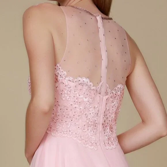 NEW LONG SLEEVELESS A-LINE CHIFFON DRESS EMBROIDERED WITH RHINESTONES NX Y009 - Picture 7 of 8